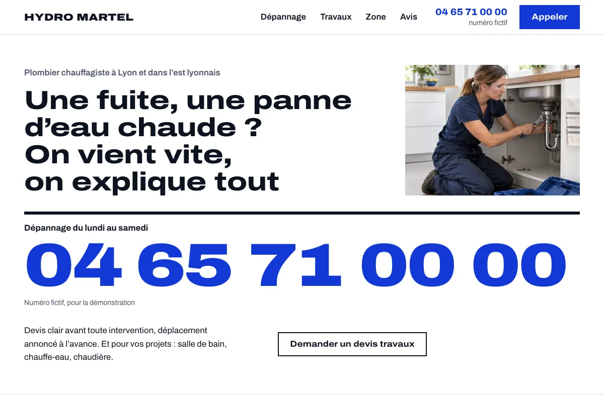 Page d’accueil du site de démonstration d’un plombier