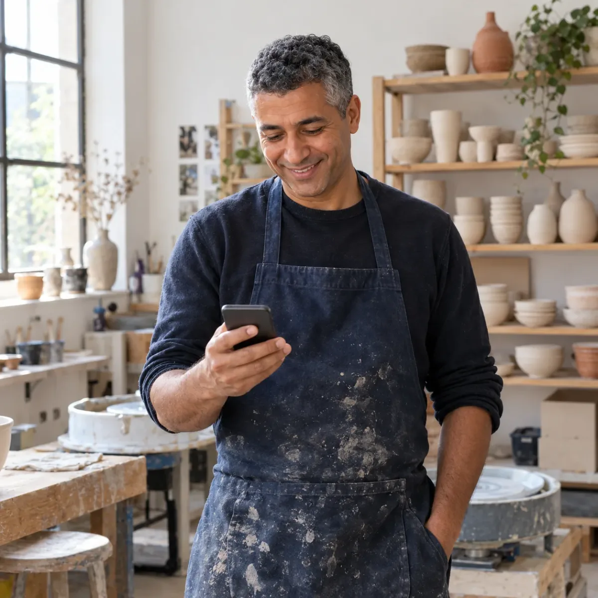 Artisan céramiste dans son atelier qui consulte son smartphone