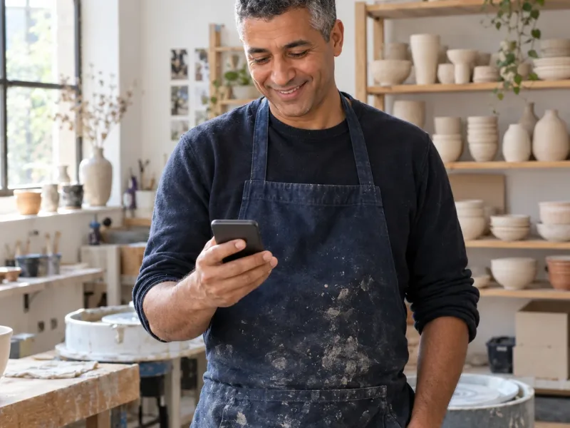 Artisan céramiste dans son atelier qui consulte son smartphone