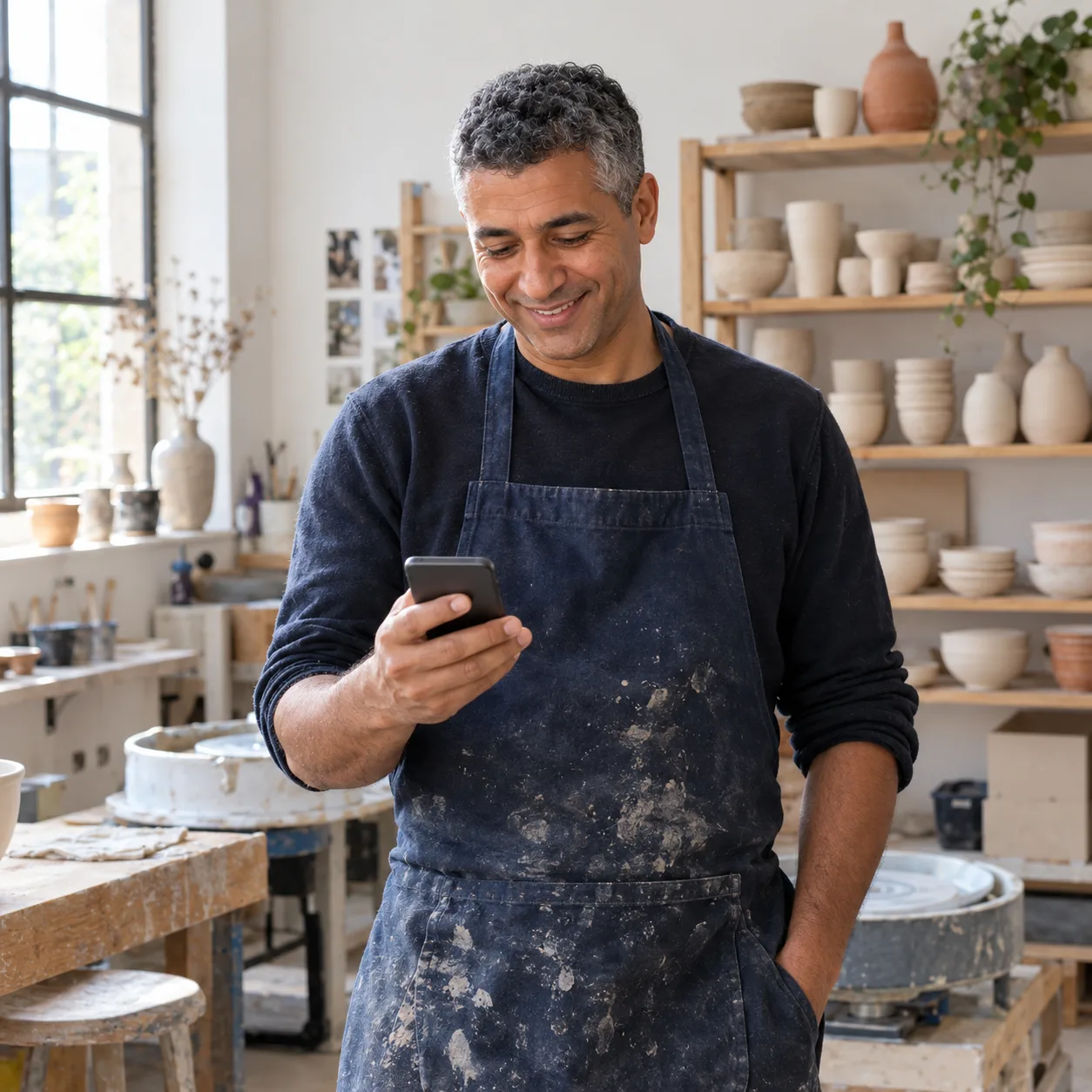 Artisan céramiste dans son atelier qui consulte son smartphone