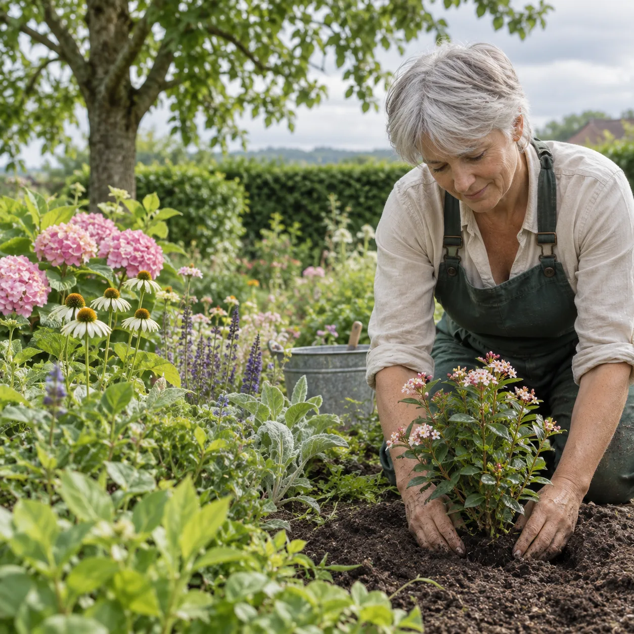 Paysagiste qui plante un arbuste en fleurs dans un jardin