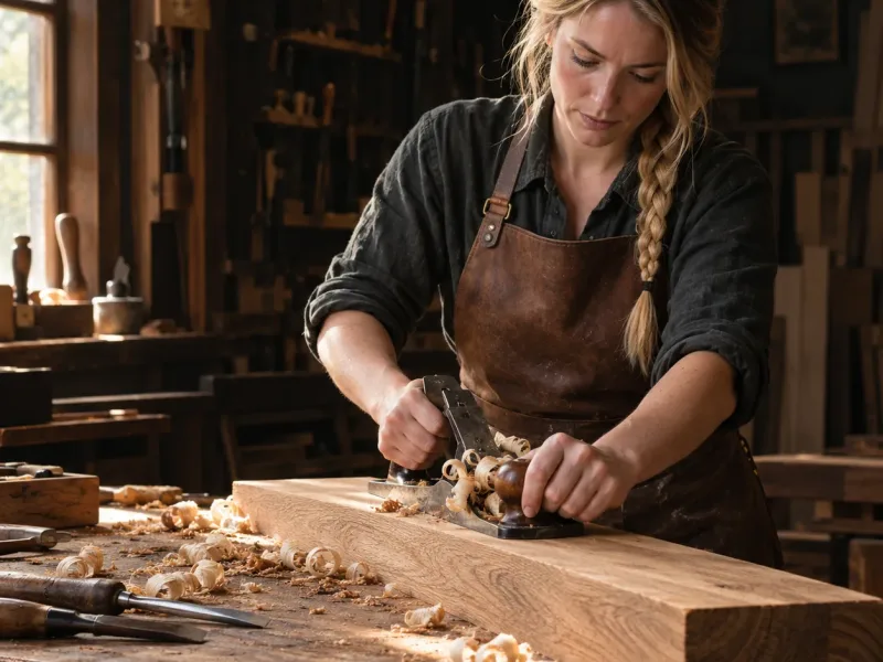 Menuisière qui rabote une planche de chêne sur son établi