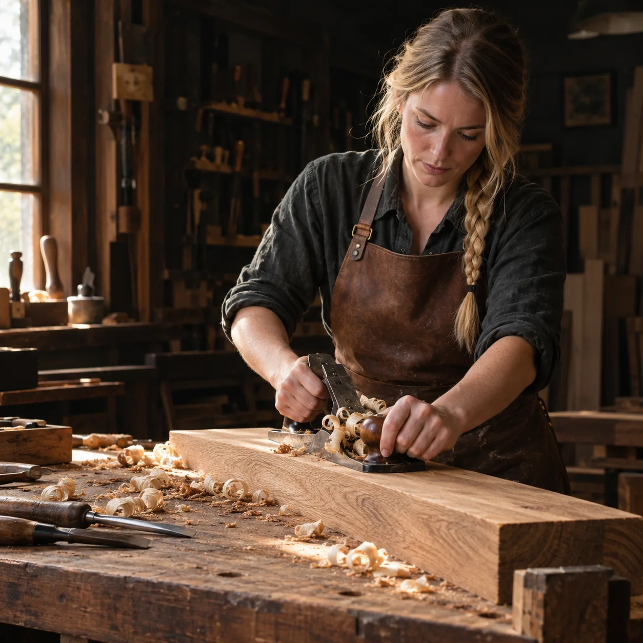 Menuisière qui rabote une planche de chêne sur son établi