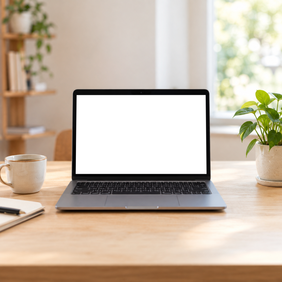 Ordinateur portable ouvert sur un bureau en bois clair