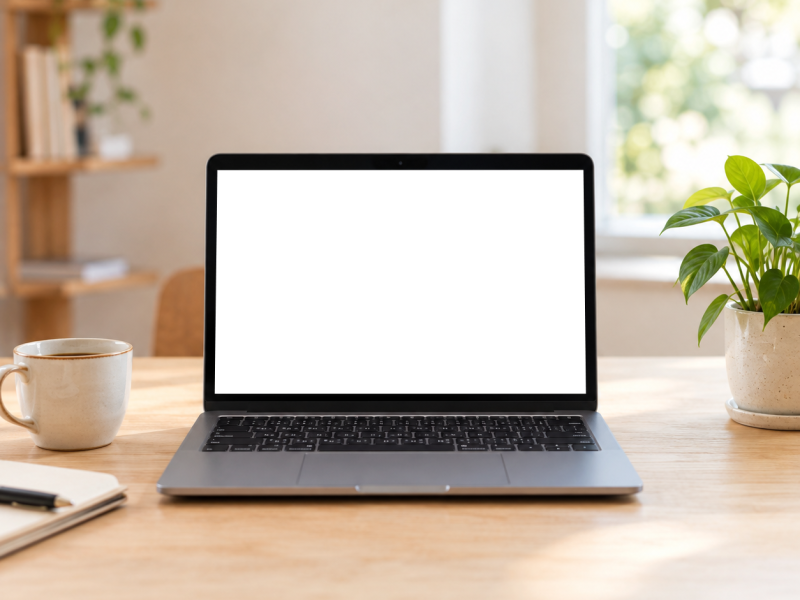 Ordinateur portable ouvert sur un bureau en bois clair