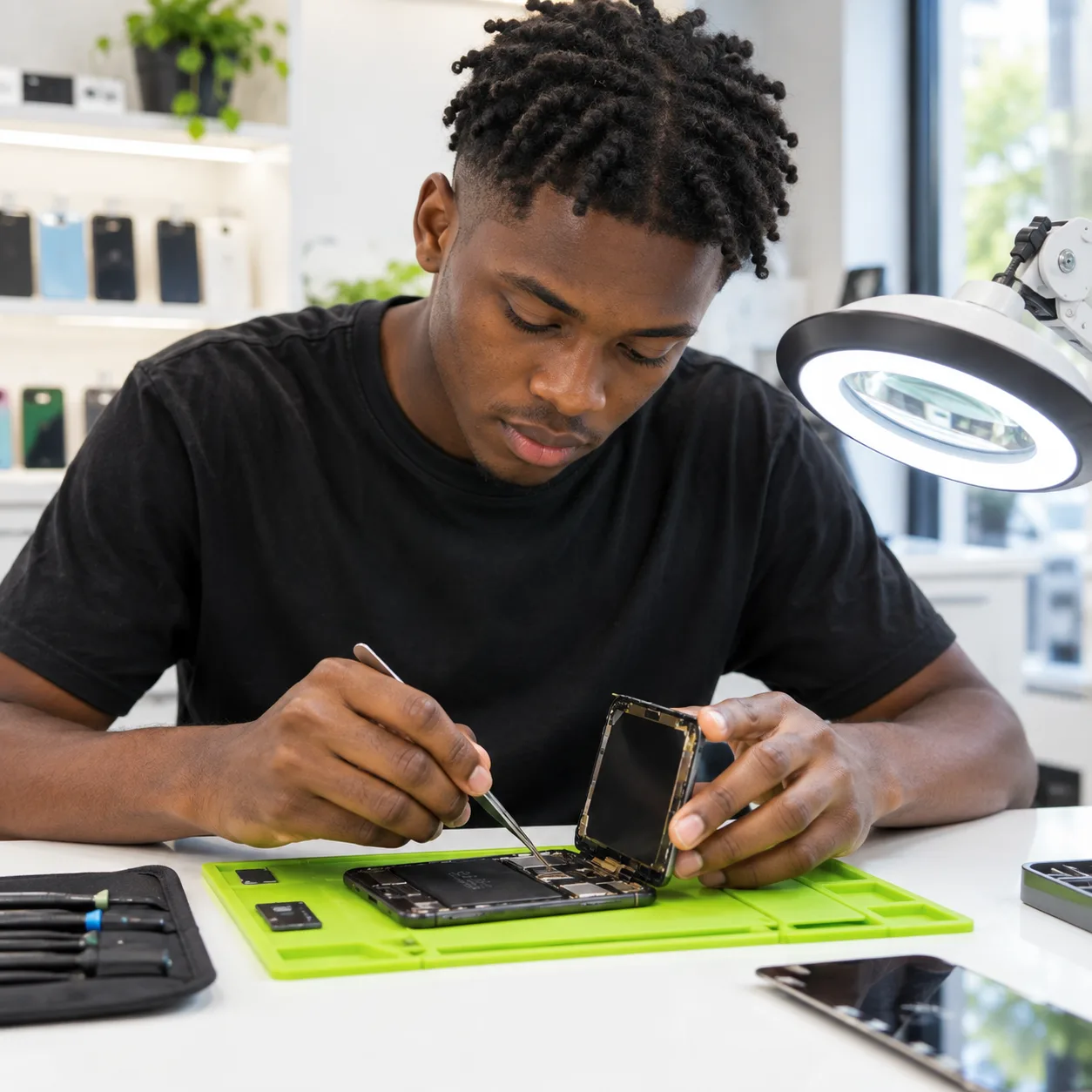 Réparateur qui remplace l’écran d’un smartphone à la pince