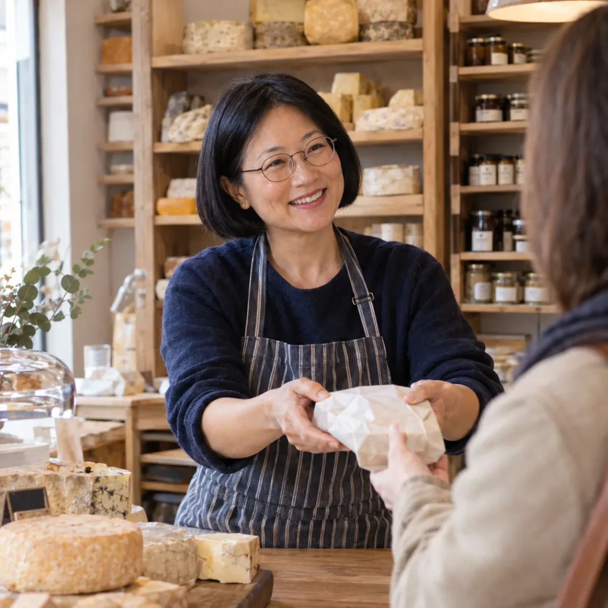 Commerçante qui sert une cliente au comptoir de sa fromagerie