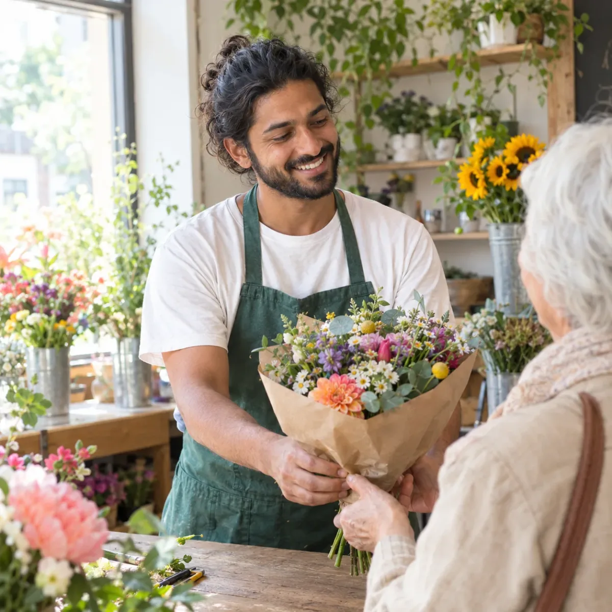 Fleuriste qui tend un bouquet à une cliente dans sa boutique
