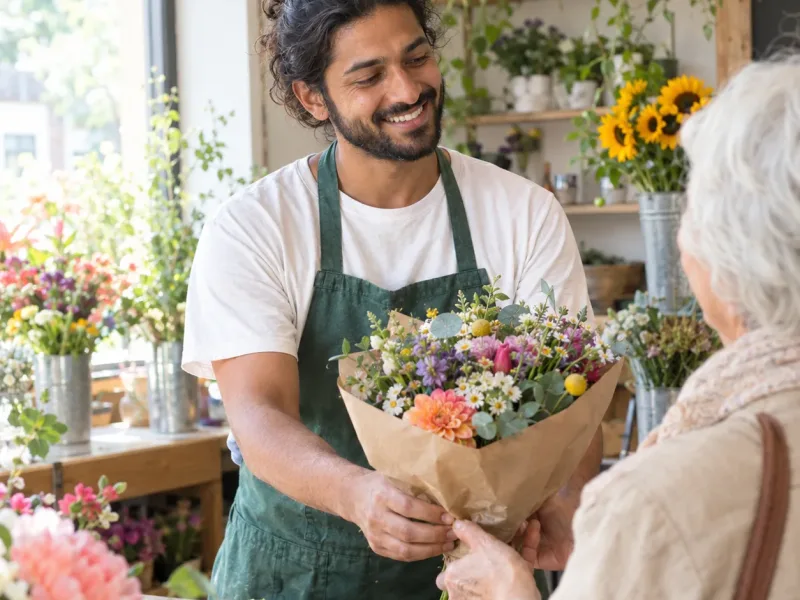 Fleuriste qui tend un bouquet à une cliente dans sa boutique