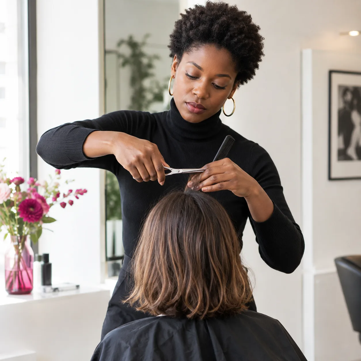 Coiffeuse qui coupe les cheveux d’une cliente dans un salon lumineux
