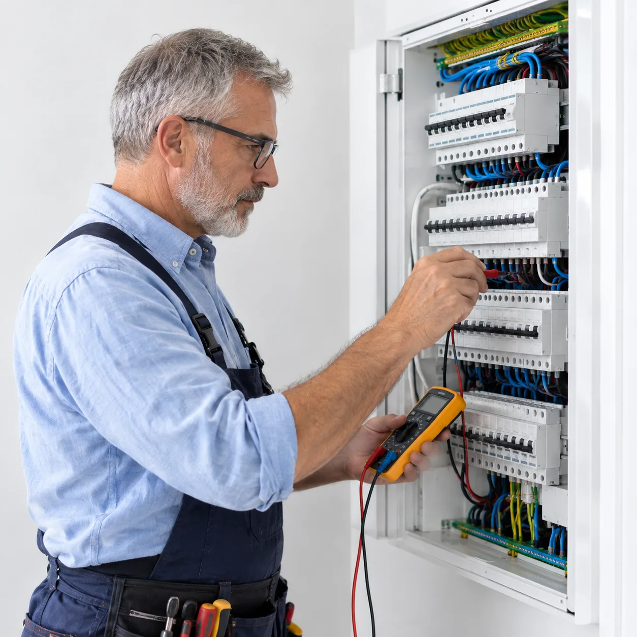 Électricien qui contrôle un tableau électrique avec un multimètre