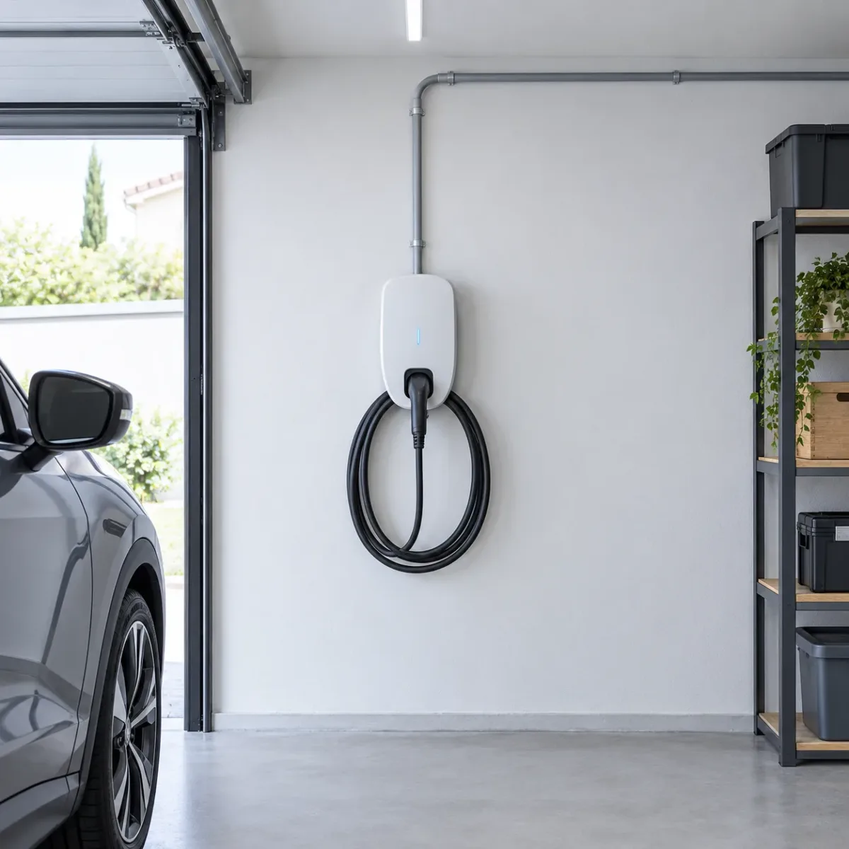 Borne de recharge murale installée dans le garage d’une maison