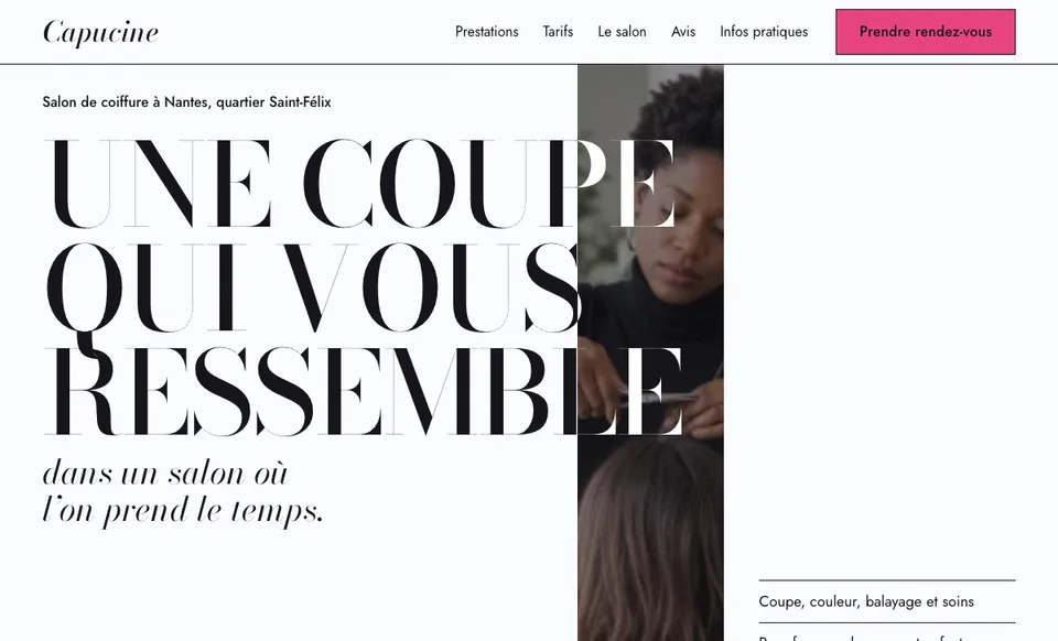 Page d’accueil du site de démonstration d’un salon de coiffure