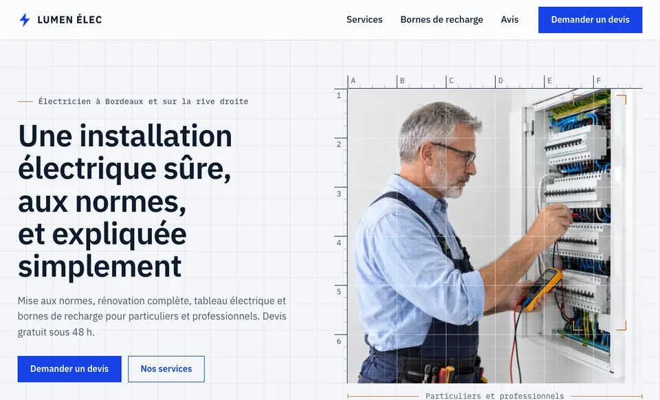 Page d’accueil du site de démonstration d’un électricien