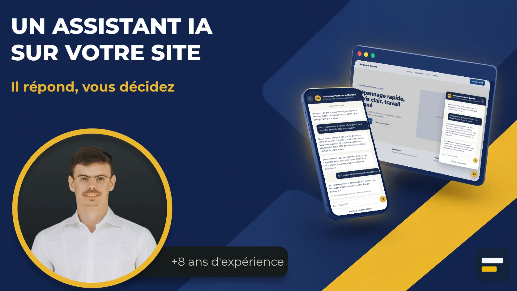 Un assistant IA sur votre site : il répond, vous décidez. Une conversation avec l’assistant affichée sur ordinateur et sur téléphone, à côté d’Enki Corbin, plus de 8 ans d’expérience