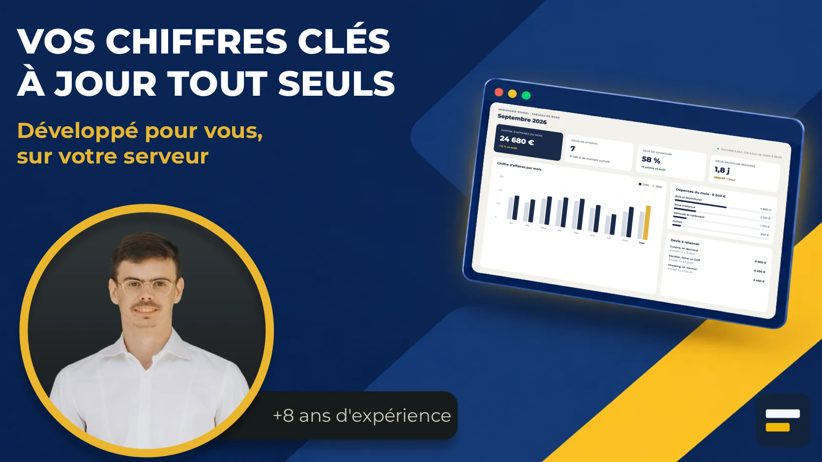 Vos chiffres clés à jour tout seuls : développé pour vous, sur votre serveur. Un tableau de bord affiché sur un écran, à côté d’Enki Corbin, plus de 8 ans d’expérience