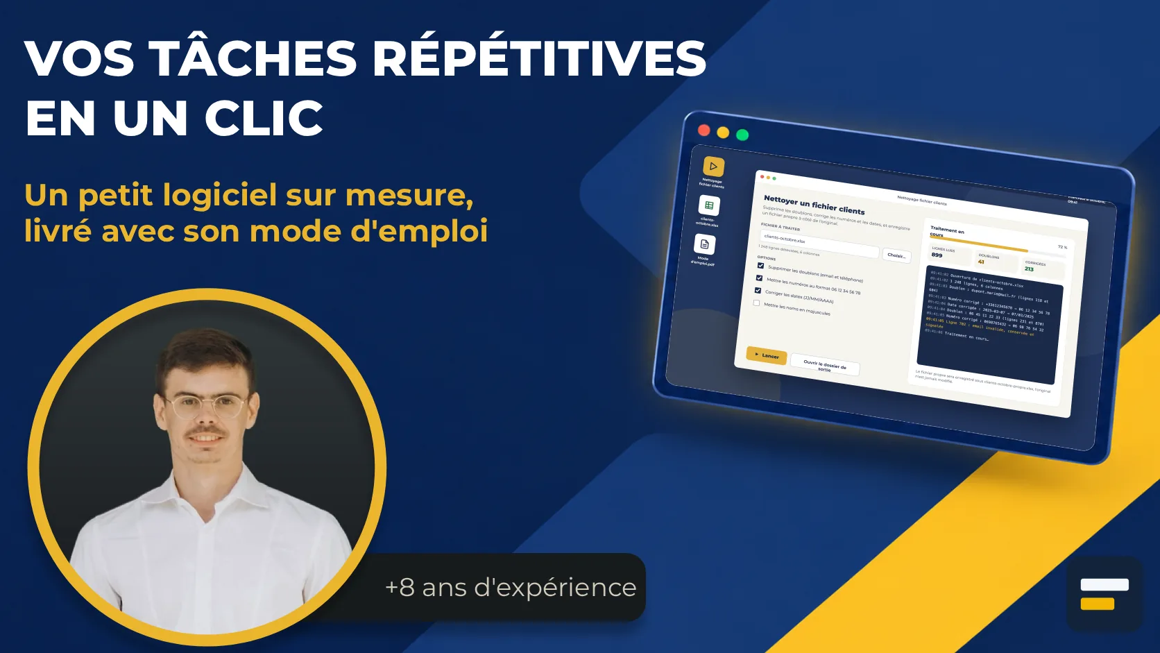 Vos tâches répétitives en un clic : un petit logiciel sur mesure, livré avec son mode d’emploi. La fenêtre du logiciel affichée sur un écran, à côté d’Enki Corbin, plus de 8 ans d’expérience