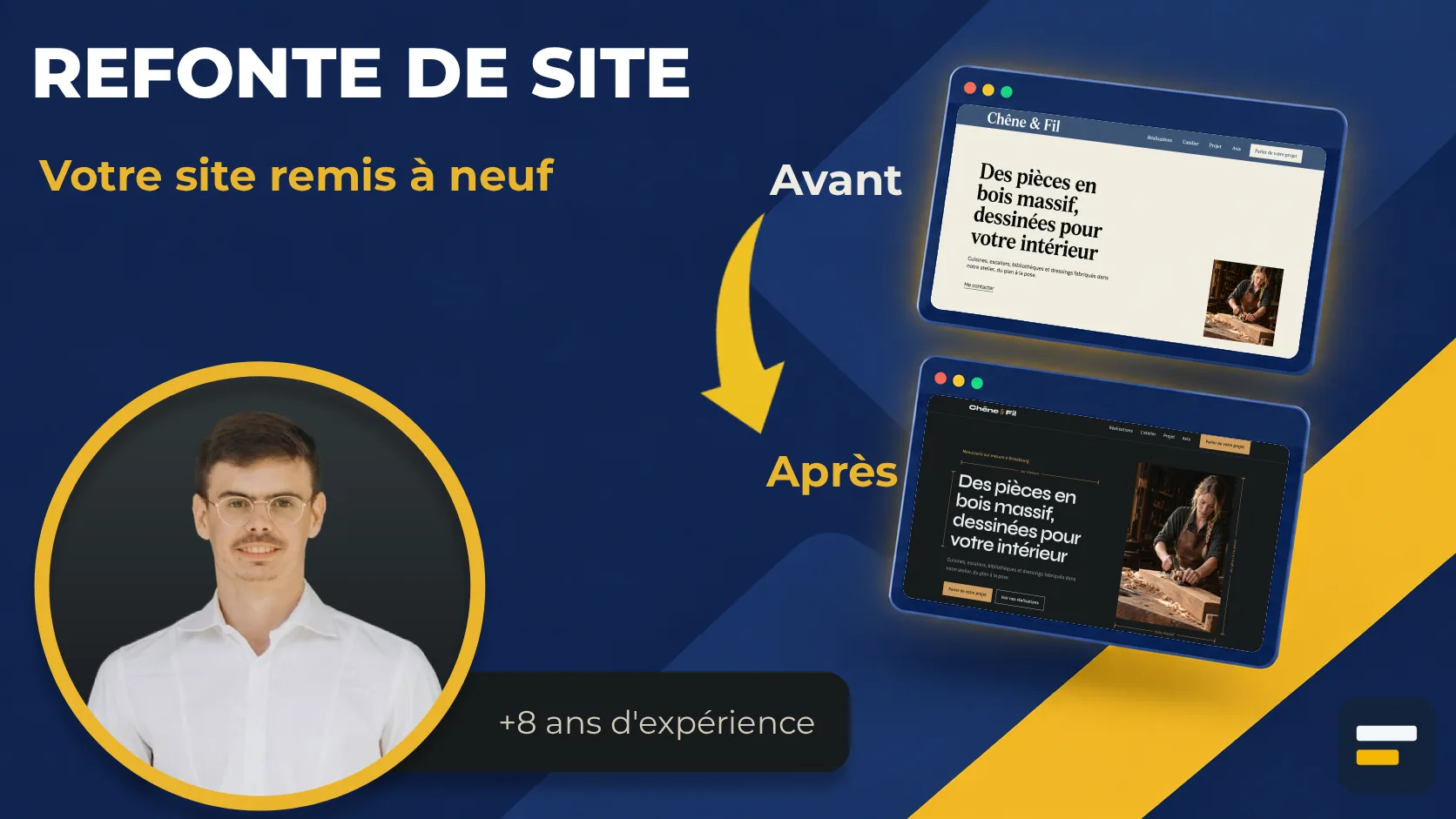 Refonte de site : votre site remis à neuf. Un ancien site et sa nouvelle version, avant et après, à côté d’Enki Corbin, plus de 8 ans d’expérience
