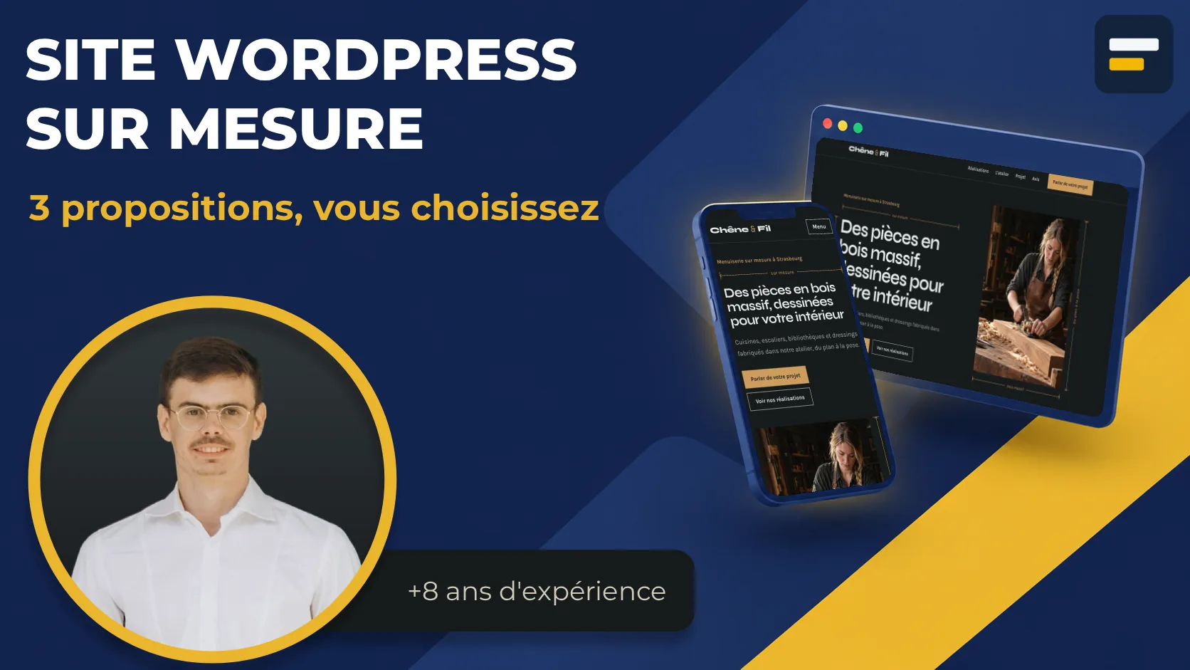Site WordPress sur mesure : 3 propositions, vous choisissez. Enki Corbin, plus de 8 ans d’expérience, à côté d’un site affiché sur ordinateur et sur téléphone
